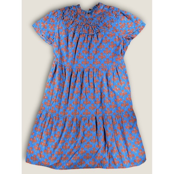 Boden Dresses & Skirts - Boden Dress 12 Blue Block Print Metallic Smocked Ruffle Tiered Midi Cotton